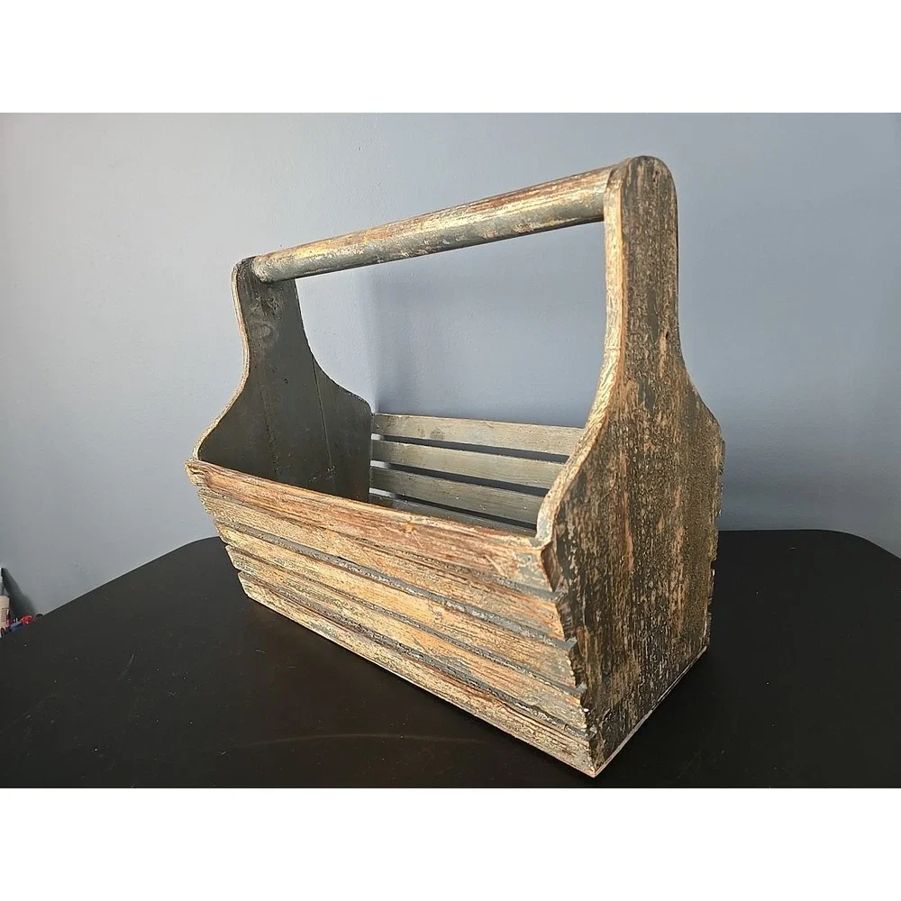 Handmade‎ wood basket farmhouse tramp art wood handle slats rustic primitive
